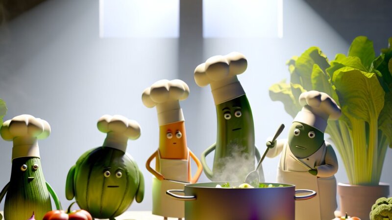 Bajka o grupie bohaterów: warzywa, garnek i kucharz