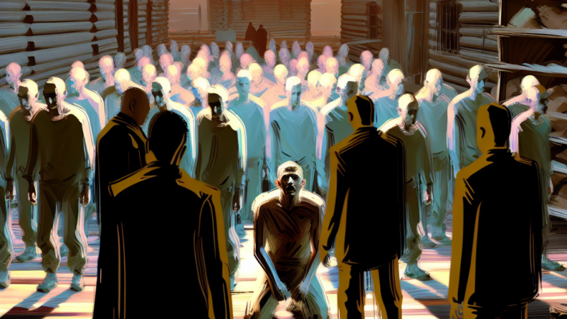 Dehumanizacja człowieka w opowiadaniu "Ludzie, którzy szli" Tadeusza Borowskiego.