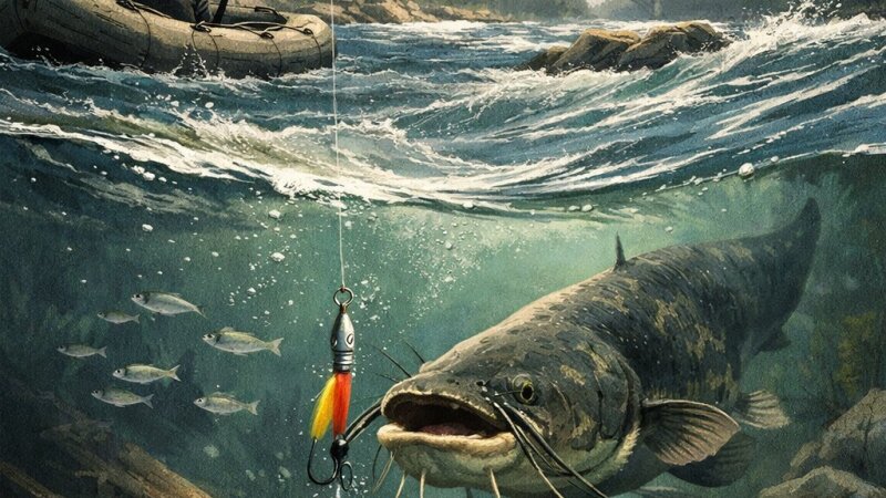 Łowienie sumów w szybkiej rzece metodą vertical