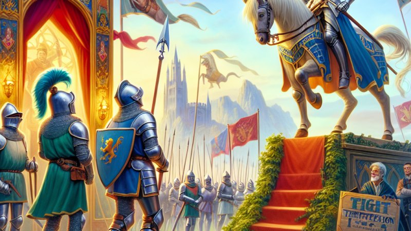 Moje przygody jako rycerz u króla Artura w Camelocie: prowadzenie armii, pojedynek z pokousą i rekrutacja giermka Don Kichota.