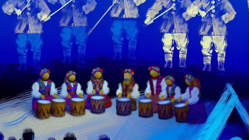 Opis 33. finału WOŚP w RCKK w Myszyńcu: Prezentacje dziecięce z gminy Myszyniec, marzonetki pod kierunkiem Żanety Cwaliny-Śliwowskiej, zespół Dziecięcy Kurpiaki, wernisaż wystawy obrazów Aptacego, przedstawienie wolontariuszy