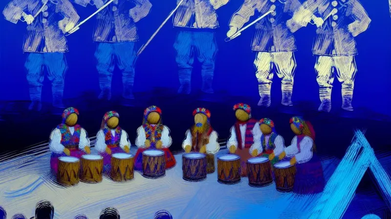 Opis 33. finału WOŚP w RCKK w Myszyńcu: Prezentacje dziecięce z gminy Myszyniec, marzonetki pod kierunkiem Żanety Cwaliny-Śliwowskiej, zespół Dziecięcy Kurpiaki, wernisaż wystawy obrazów Aptacego, przedstawienie wolontariuszy