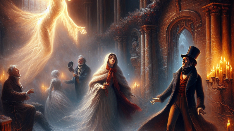 Opowiadanie o rozstaniu Scrooge'a z ukochaną Bellą przedstawione przez Ducha Wigilijnej Przeszłości