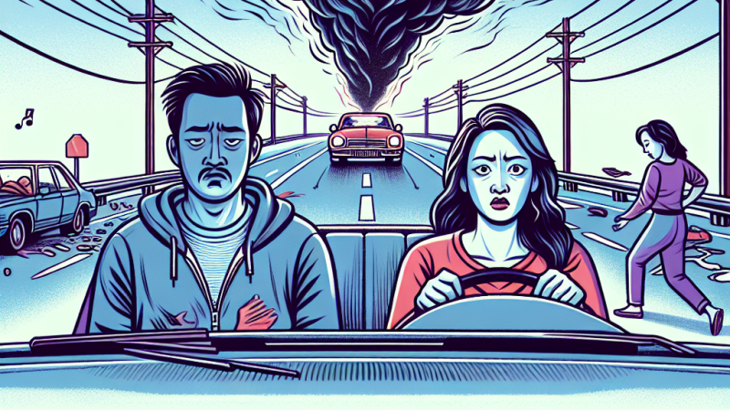 Opowiadanie w pierwszej osobie: Mężczyzna podróżujący z żoną autem, który doświadcza kłótni w trakcie długiej podróży.