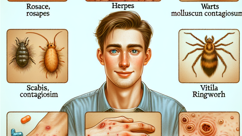 Poszczególne choroby skórne: róża, opryszczka, brodawki, mięczak zakaźny, grzybica stóp, grzybica dłoni, łupież pstry, świerzb, wszawica, nużeniec ludzki, atopowe zapalenie skóry, wyprysk kontaktowy.