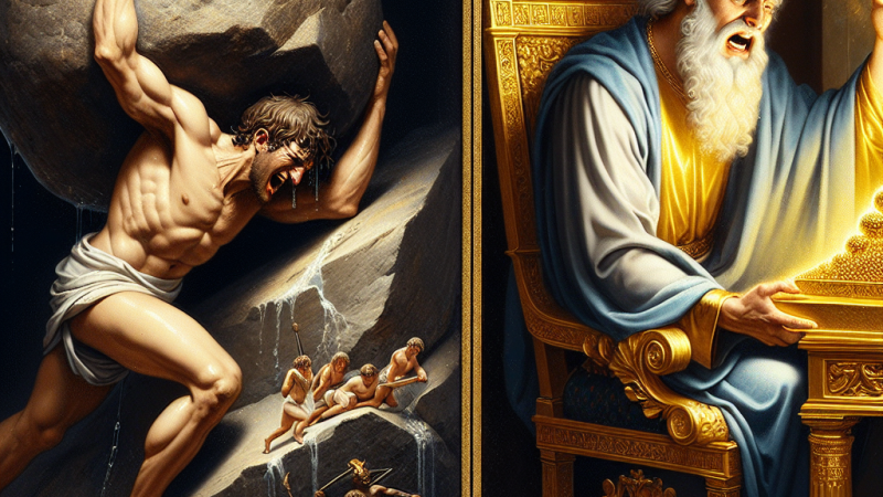 Problematyka winy i kary w micie Syzyfa. Omów na podstawie mitologi. Uwzględnij mit Midasa na wybrany kontekst