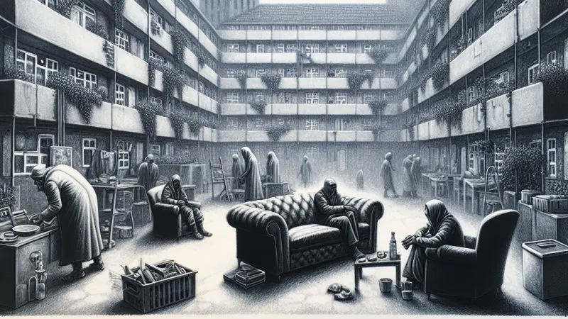 Warunki życia Winstona: życie w bloku, mieszkanie oraz realia Londynu, włącznie ze szczegółami dotyczącymi służb