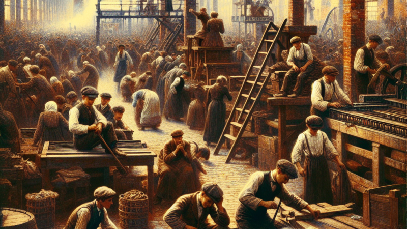 Wydzysk ludzi w fabrycznej Łodzi.